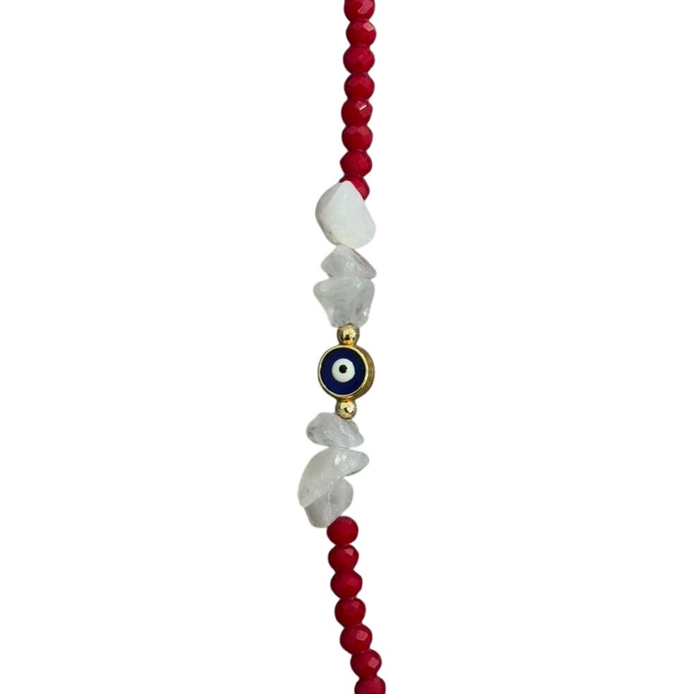 Red Evil Eye Beaded Bracelet Gold Tone Adjustable Handmade - Picture 3 of 4